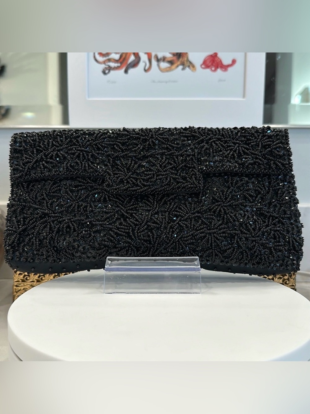VTG Bon Soir Black-on-Black Beaded & Sequined Evening Bag, EUC